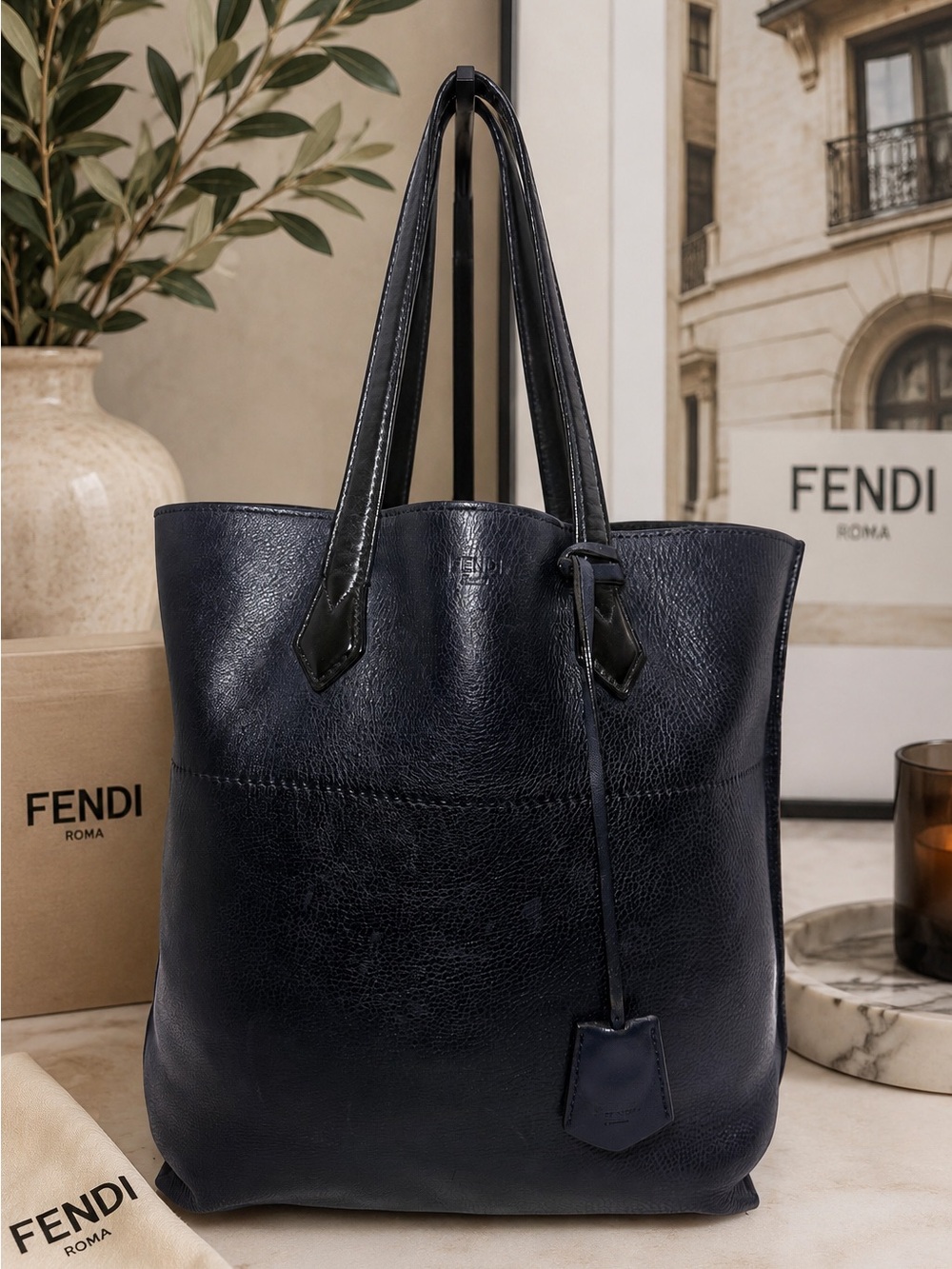 Fendi Dark Navy Leather Tote with Hanging Tag